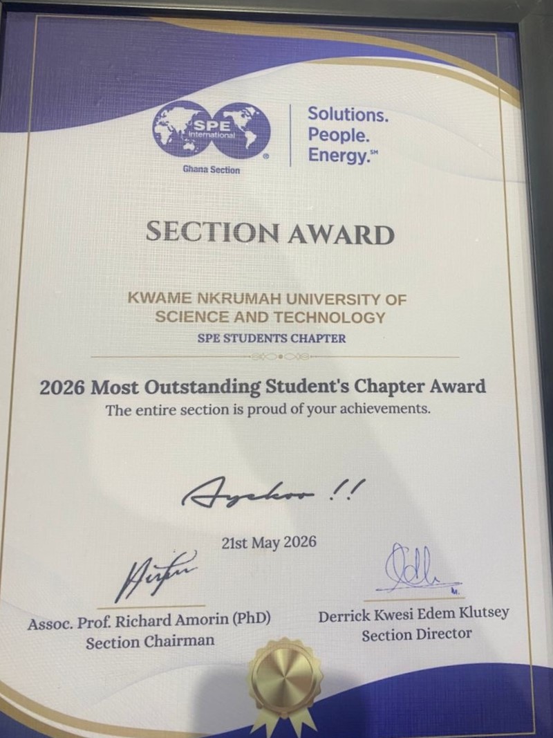 SPE Ghana Section Award certificate recognizing KNUST as the 2026 Most Outstanding Students Chapter
